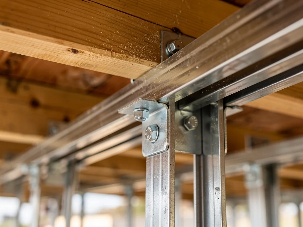 Ossature métallique et suspentes fixées sous la toiture avant l'isolant