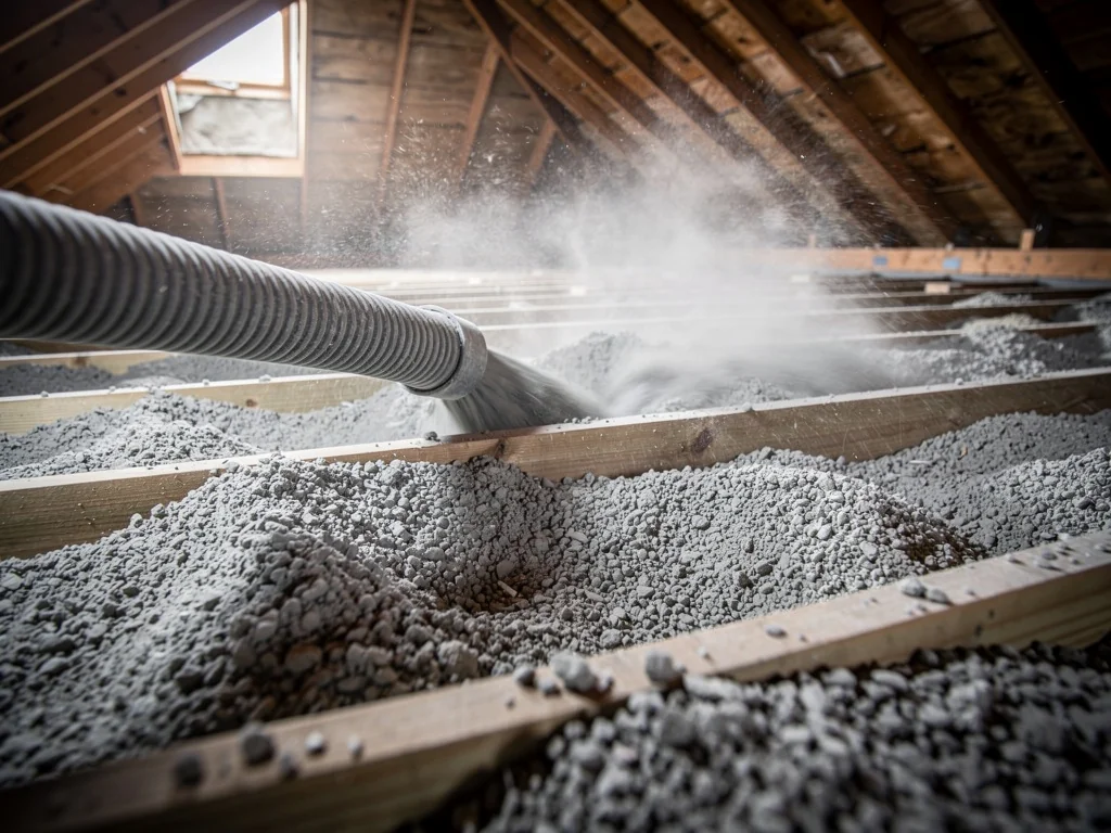 Soufflage de ouate de cellulose sur le plancher de combles perdus