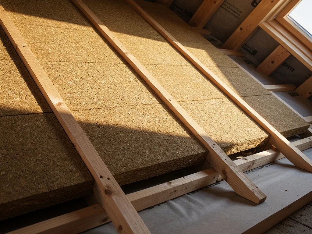 Panneaux de fibre de bois posés sous une toiture inclinée en rénovation